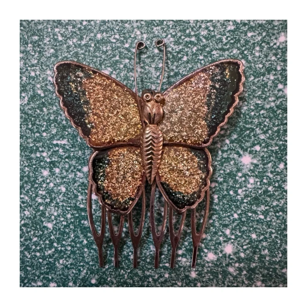 Vintage Butterfly Hair Comb in Fairy Emerald Green and Gold Finishing